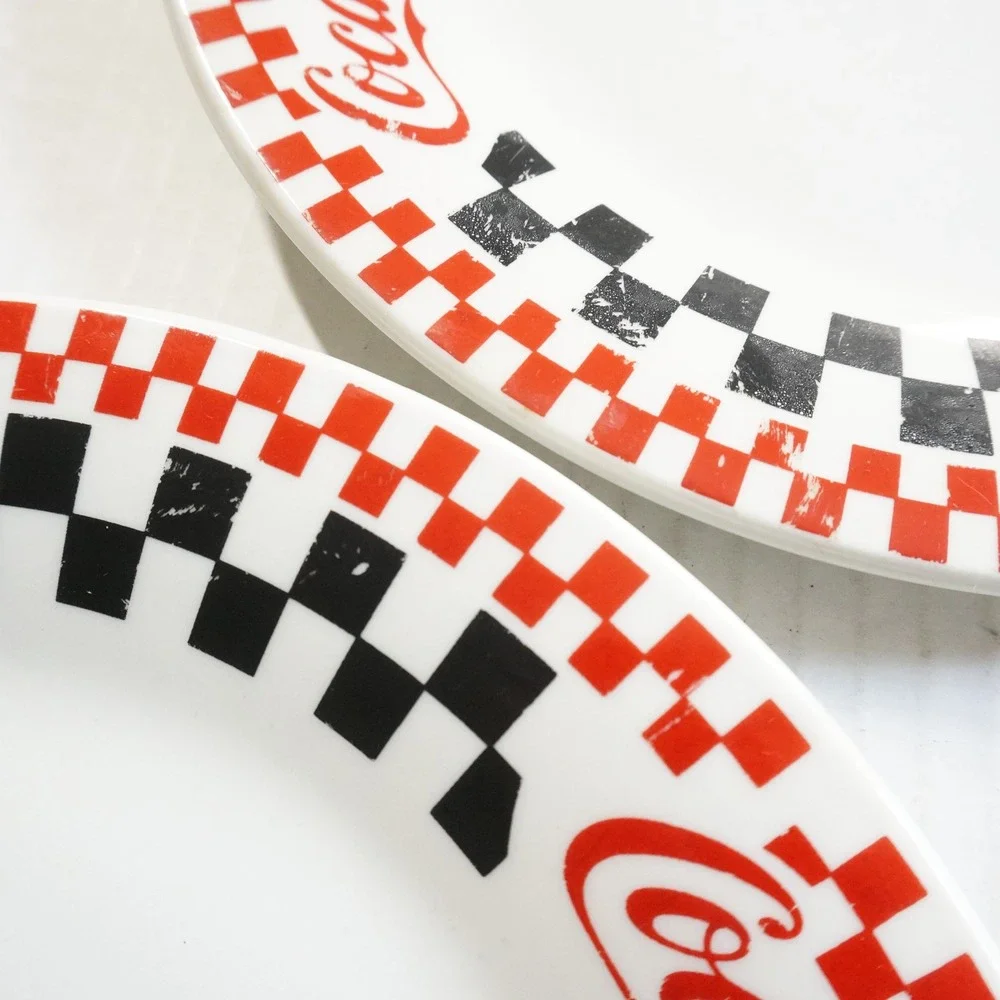 VTG Coca-Cola Gibson Dinner Plates Set 4 Checkerboard Border Collectible Dishes‎